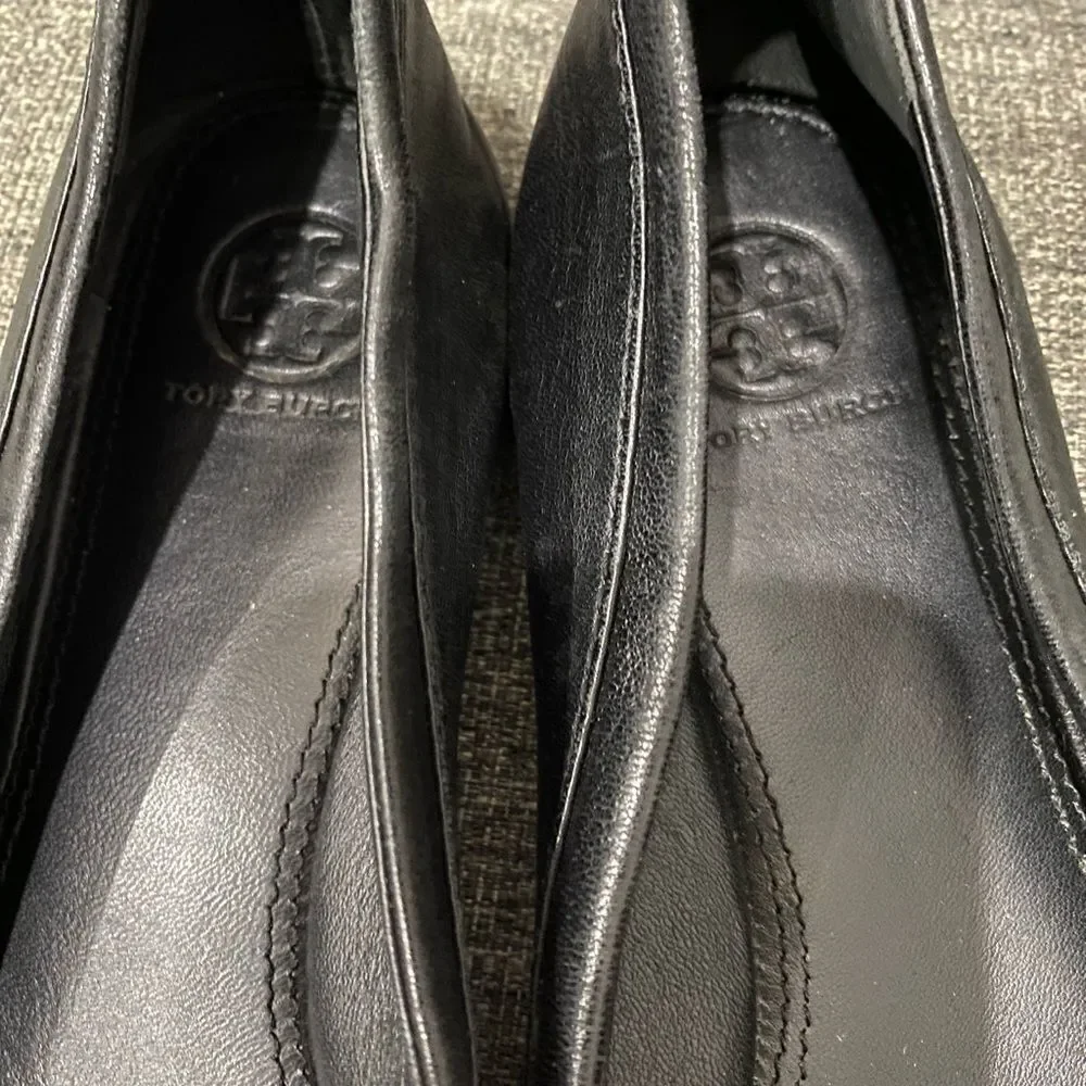 Tory Burch Eloise Black Leather Logo Ballet Flats Women Size 7
